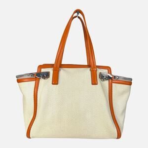 Salvatore Ferragamo Woven Canvas Leather Tote Shoulder Bag Orange Trim Italy